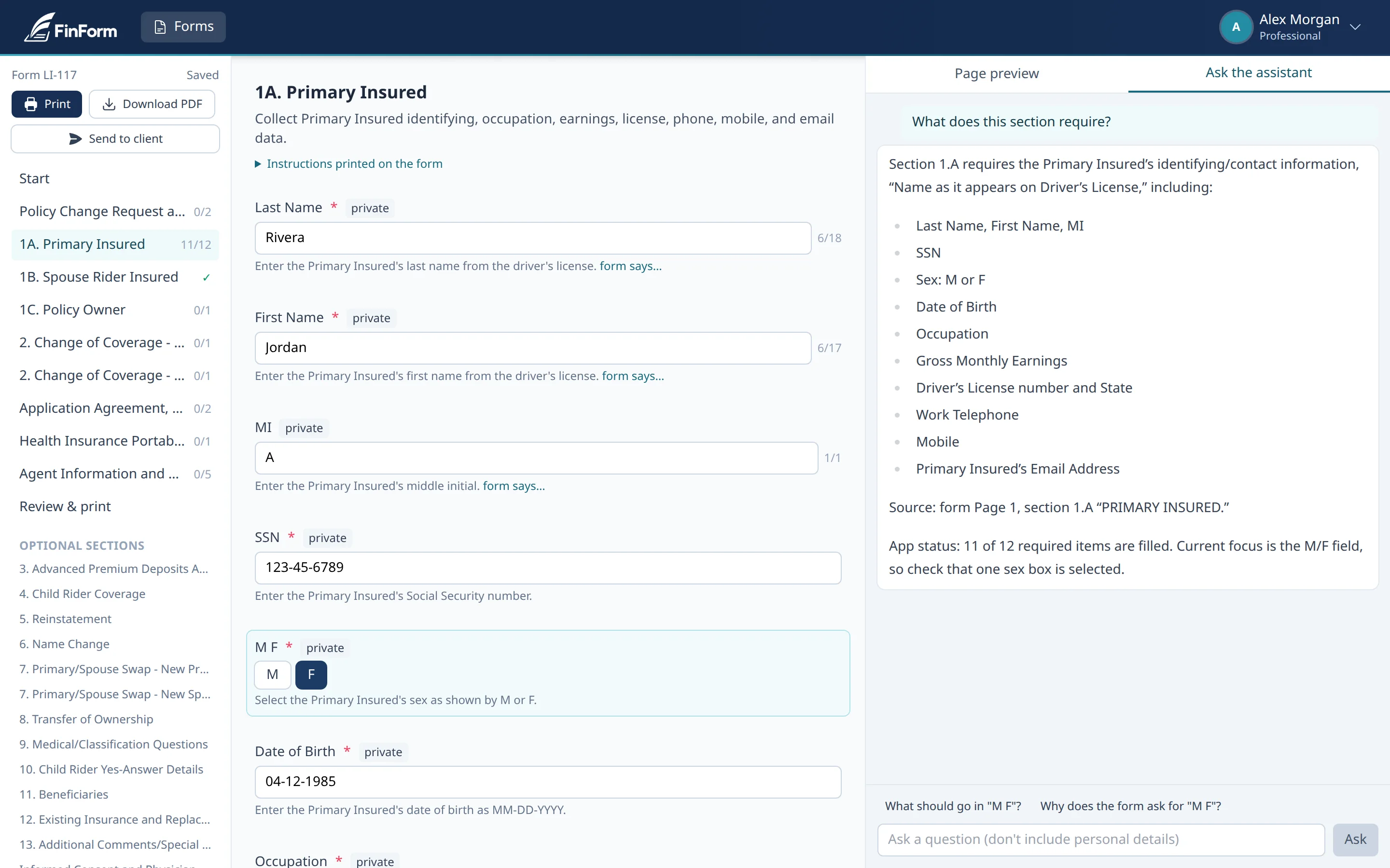 The assistant listing what a section requires, citing the form page