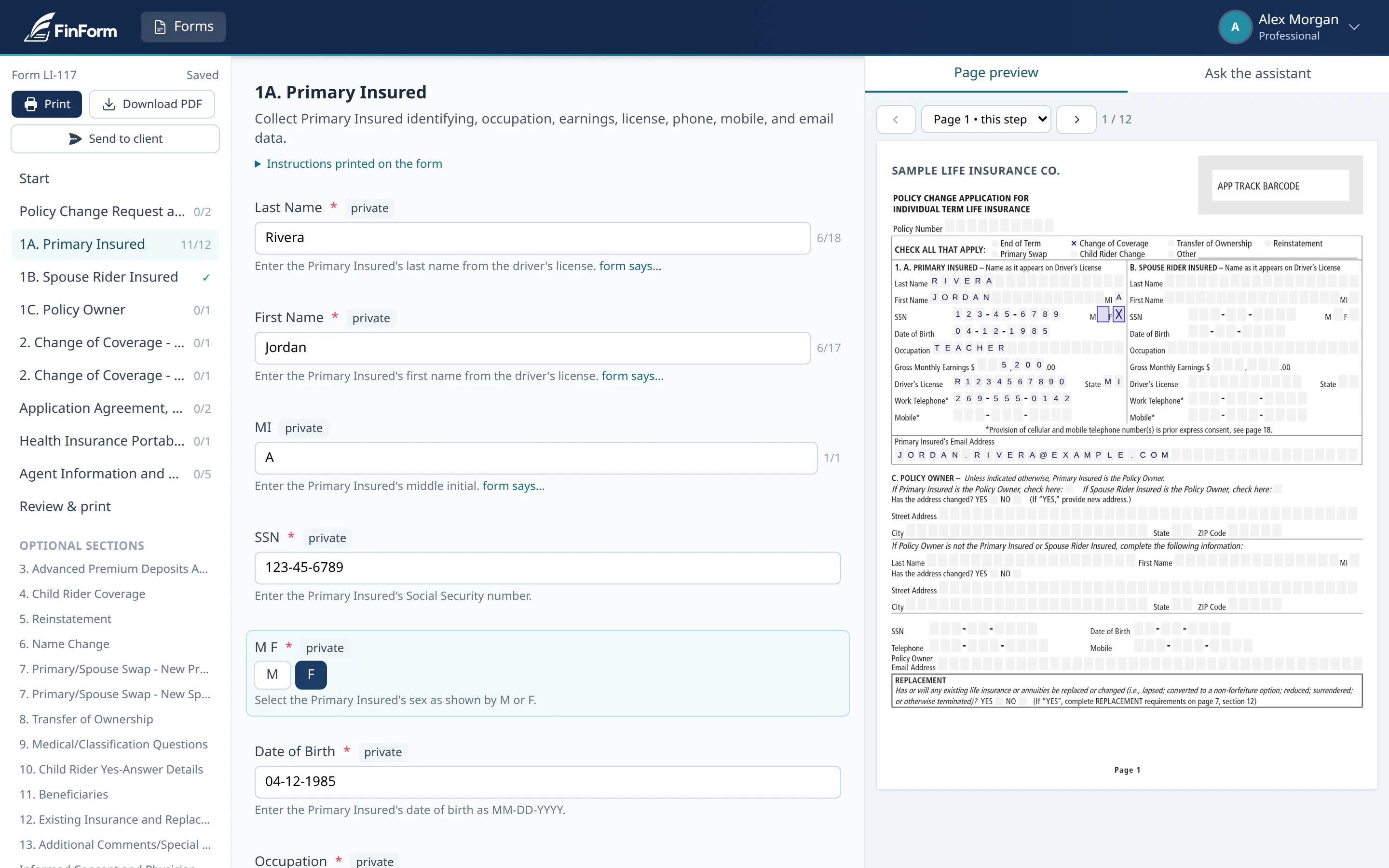 FinForm filling a life insurance policy change: the questions on the left, the official page on the right with answers already printed in its boxes
