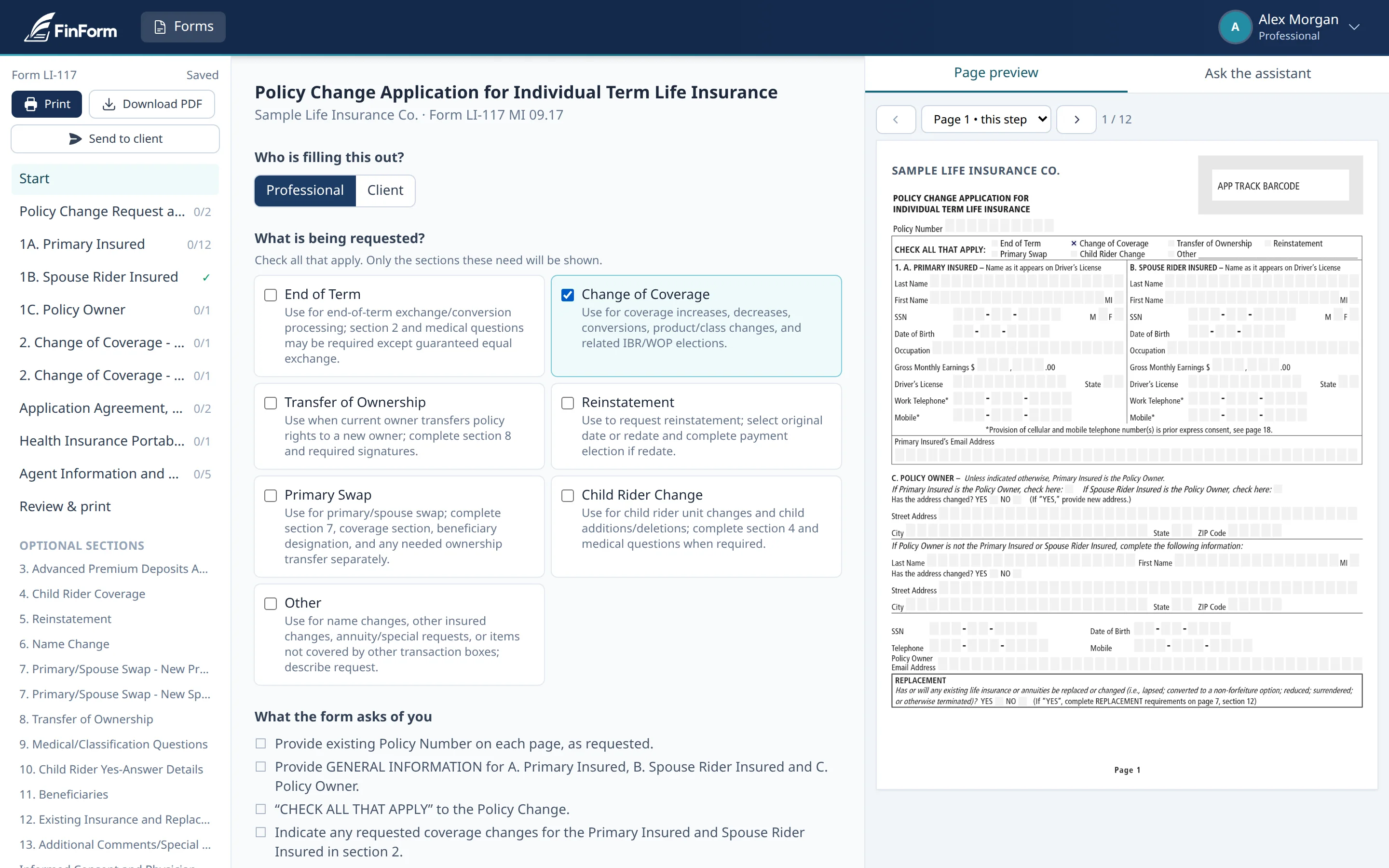 Choosing the kind of request: end of term, change of coverage, transfer of ownership, reinstatement and more