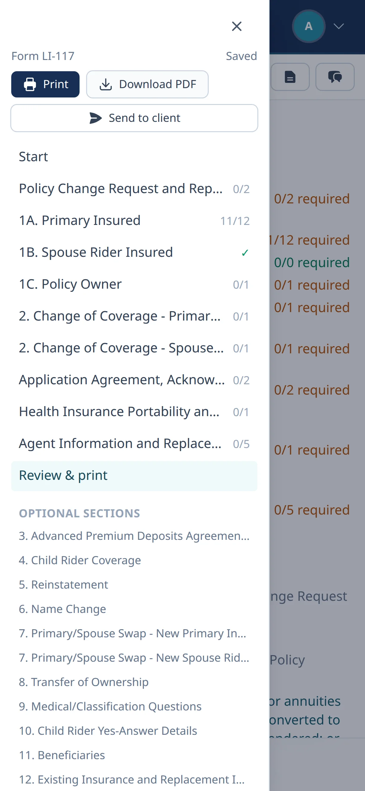 The list of form steps on a phone