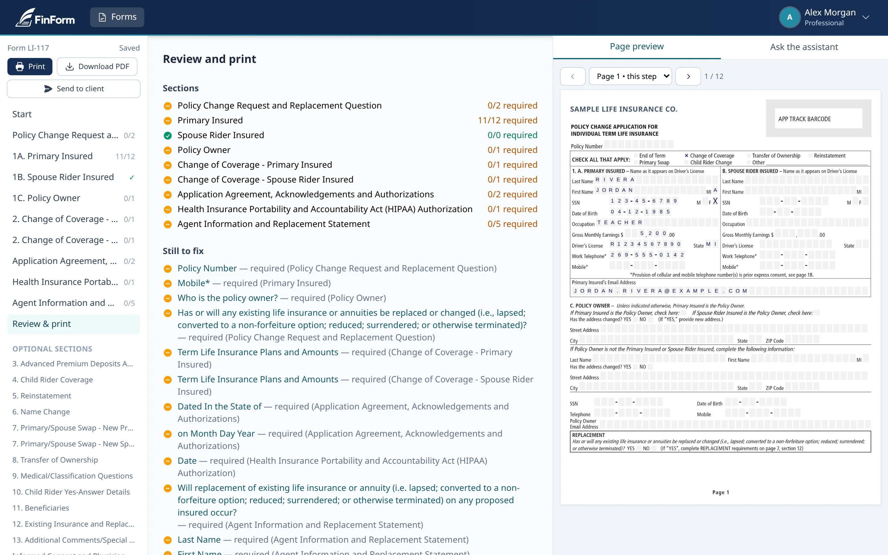 The review checklist: sections with required counts and a list of items still to fix