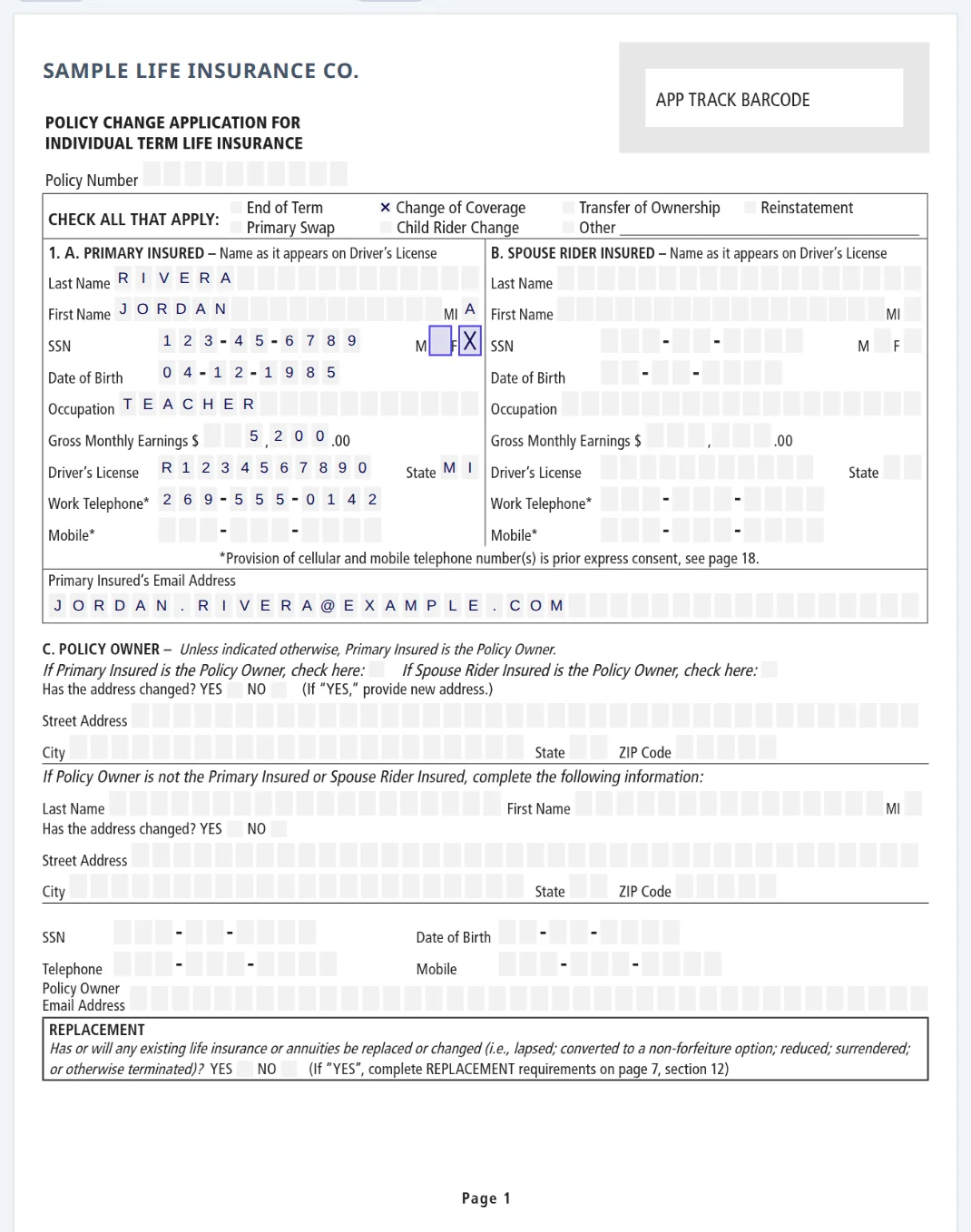 An official form page with the insured's name, date of birth, occupation and contact details printed into its boxes